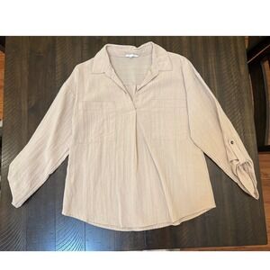 MINE Tan Beige Textured Split Neck Roll Tab Sleeve Blouse Size Medium Women